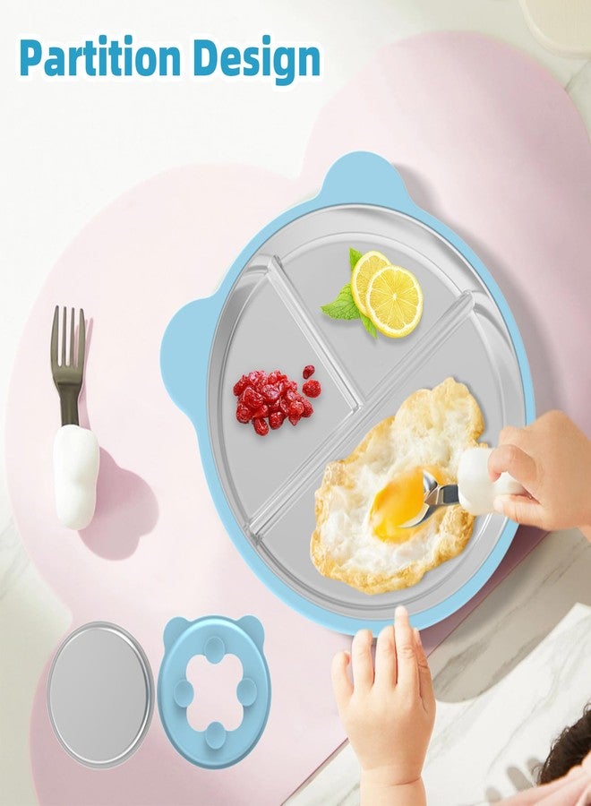 أو بيست طقم أوبيست من قطعتين من أطباق الأطفال المصنوعة من الفولاذ المقاوم للصدأ مع قاعدة تثبيت لاصقة، مناسبة للأطفال الصغار وفطام الأطفال، مزودة بأغطية سيليكون قابلة للإزالة ومقسمة إلى 9 بوصات، بتصميم أذن دب، مانعة للانزلاق، خالية من مادة BPA، آمنة للغسل في غسالة الأطباق، متوفرة باللونين الوردي والأزرق. - Image 3